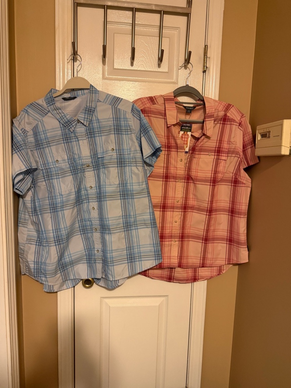 Eddie Bauer Short-Sleeve Plaid Button-Down Shirts - Blue plaid and pink plaid
